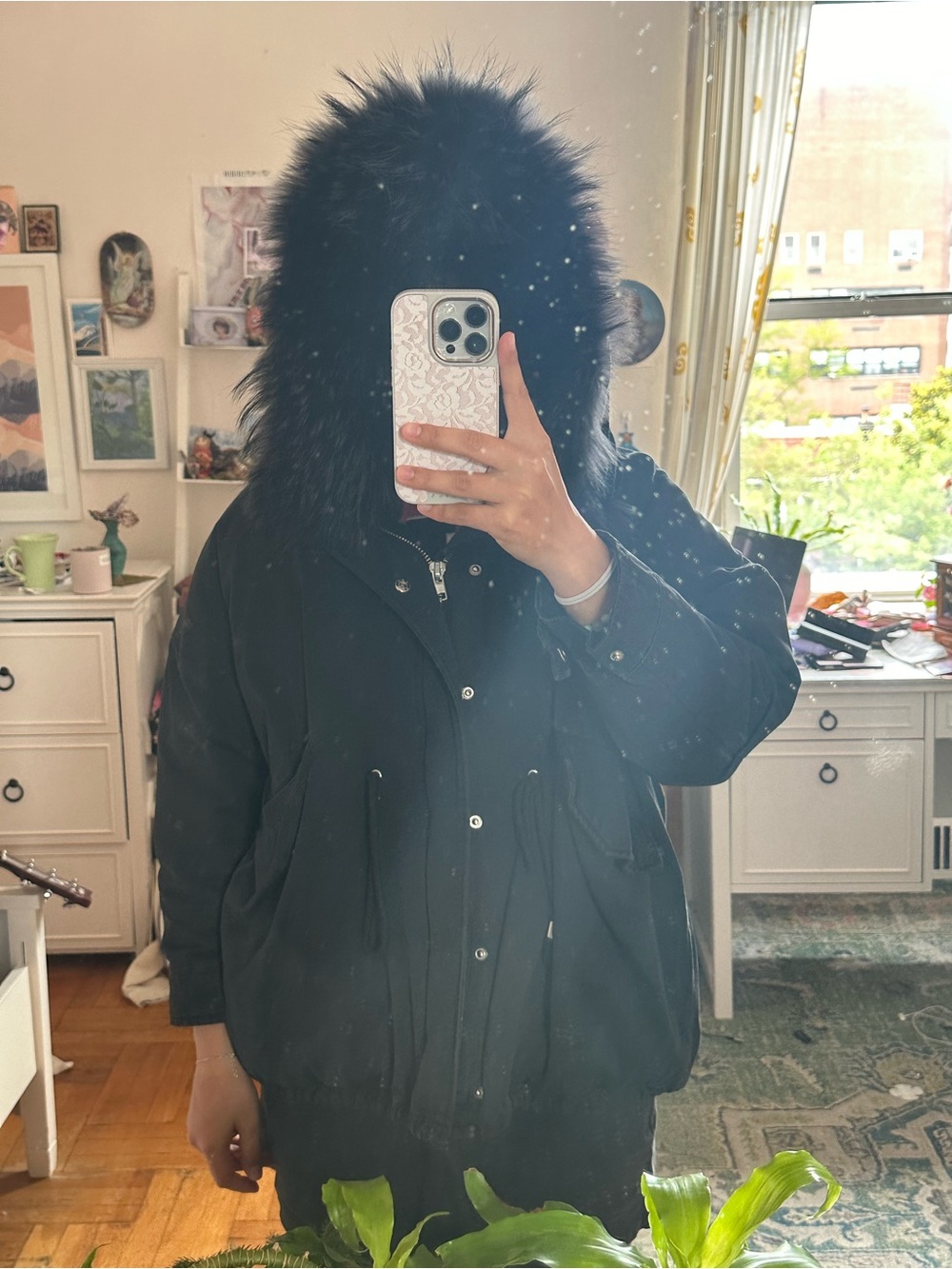 Black unisex Hooded Parka Jacket with Fur Trim
